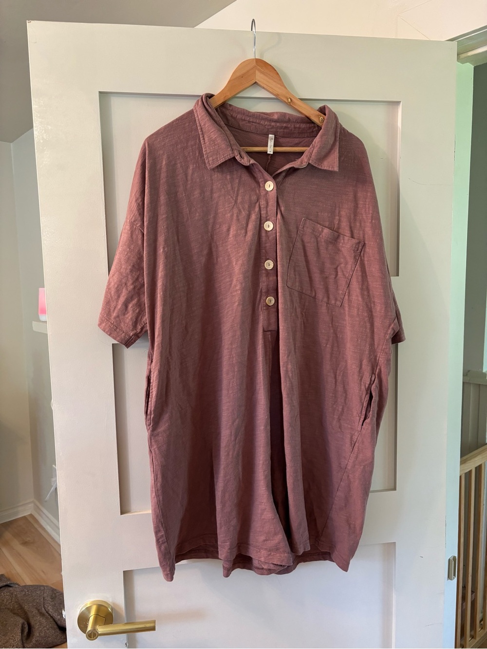 Rylee + Cru Mauve Short-Sleeve Henley Romper